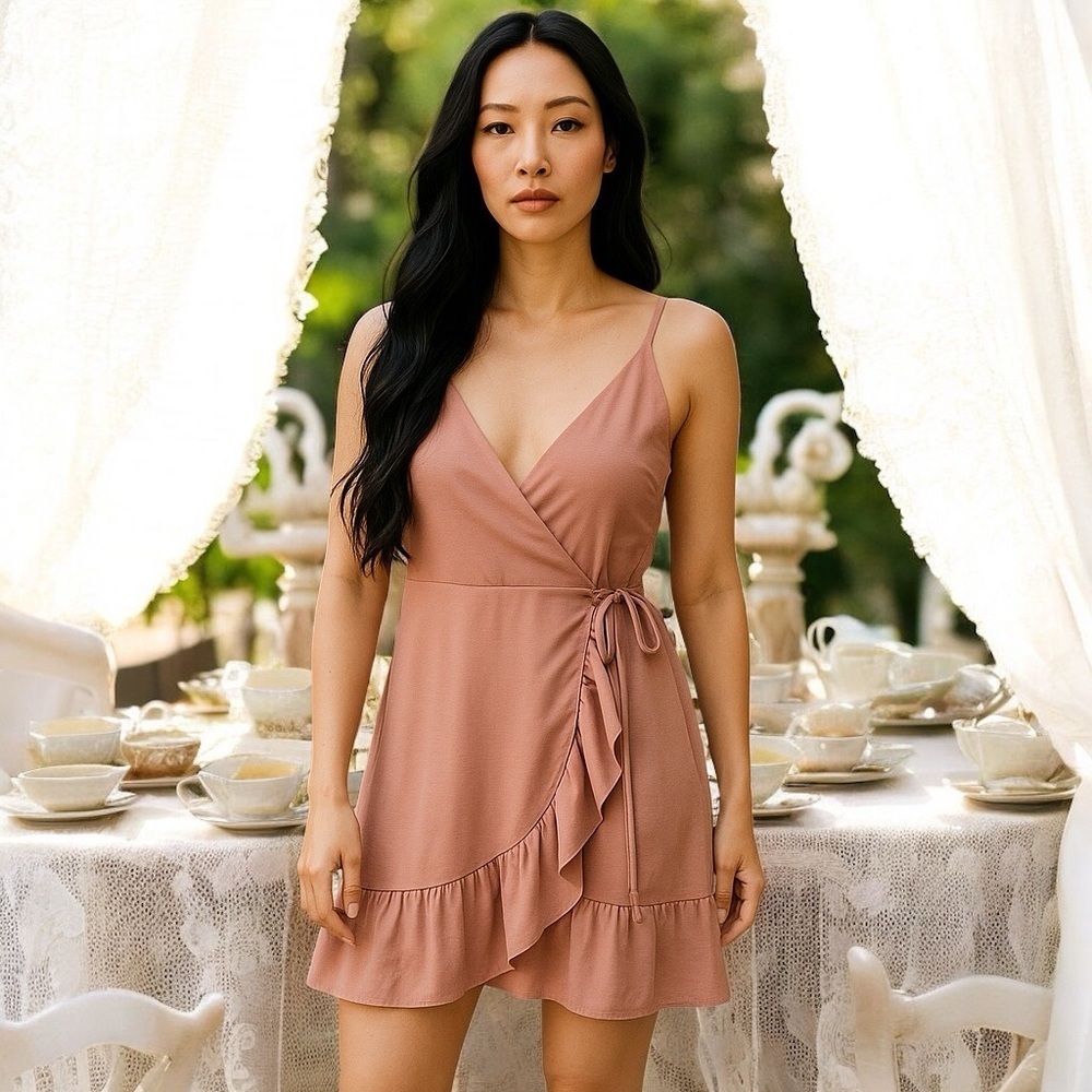 Blush Pink Wrap Mini Dress – Ruffle Hem, Adjustable Waist, Minor Flaw